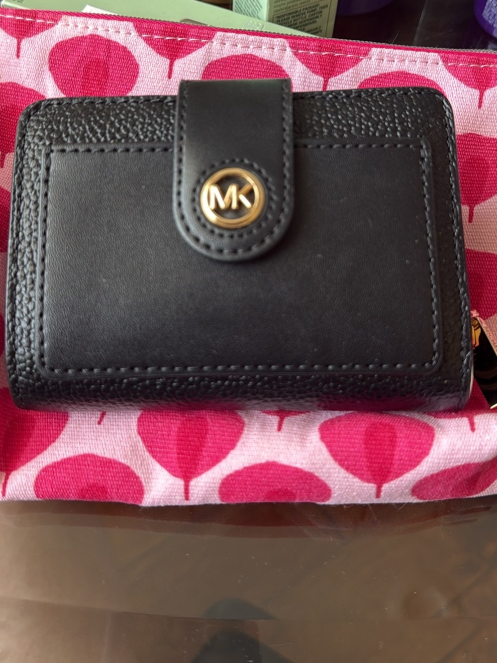 Michael Kors Black Leather Compact Snap Wallet with Gold MK Accent